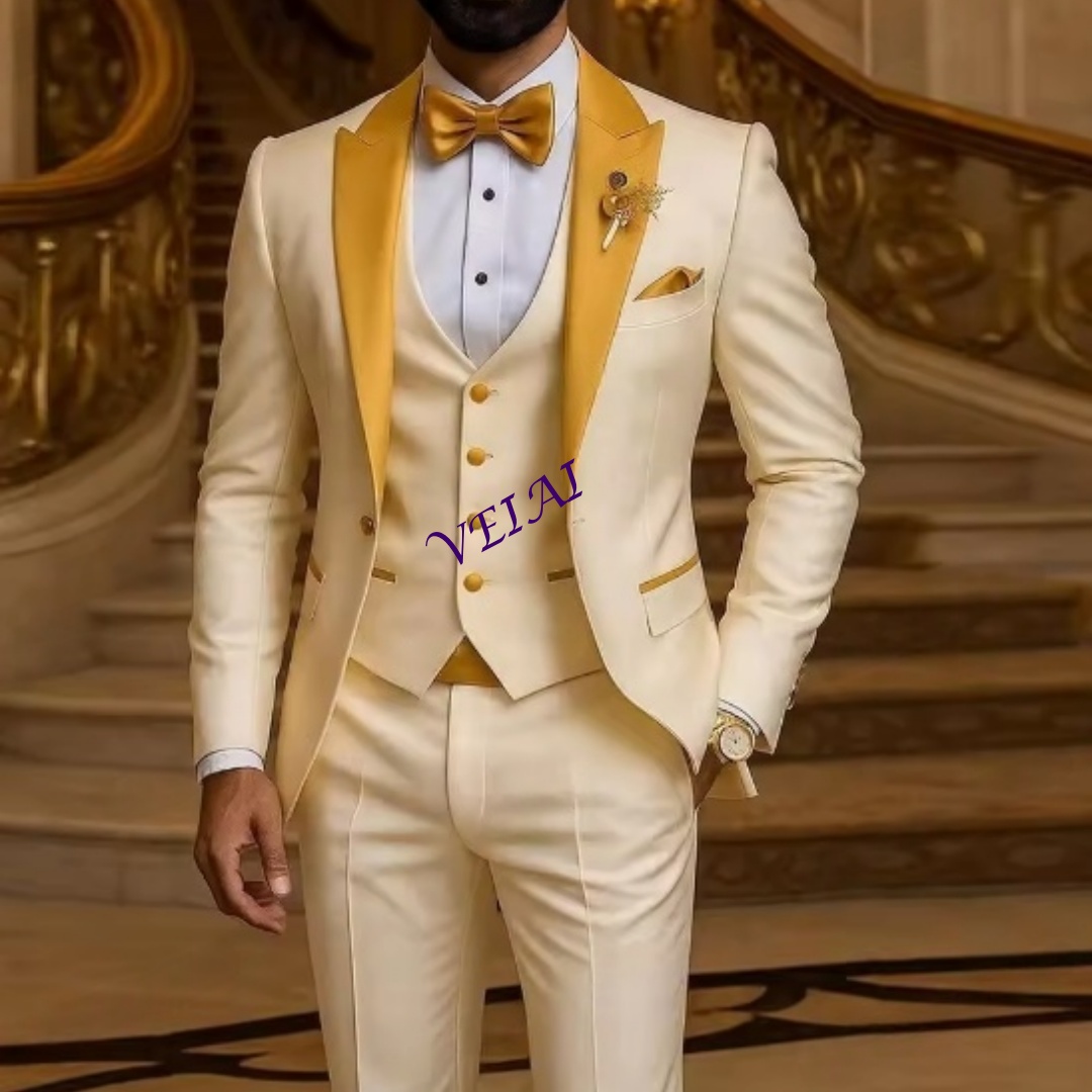 Men Formal Wear Set - CustomizedGold Collar Ivory Men Suit Wedding